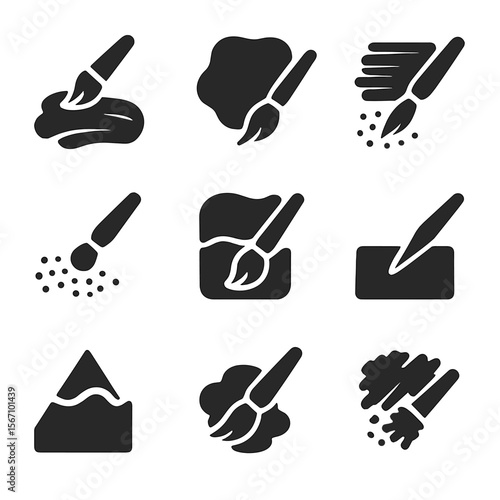Painting Styles Icons. Solid, filled icons set of painting styles and methods: impasto stroke, watercolor wash