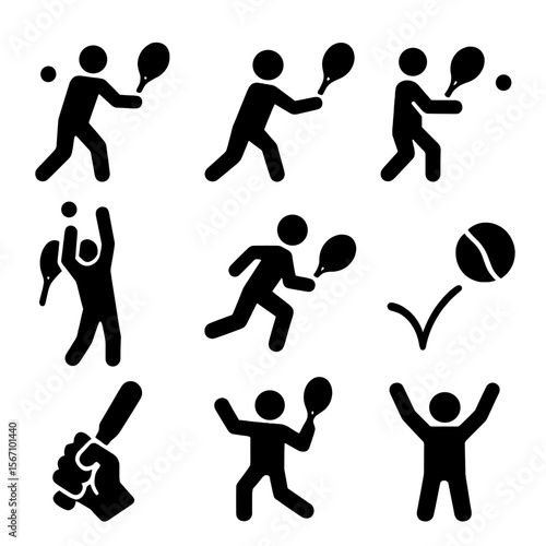 Tennis Action Icons. Solid, filled icon set of tennis actions: forehand swing, backhand swing, volley, smash, serve toss, running