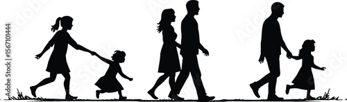Happy family silhouette grandparents walking granddaughter