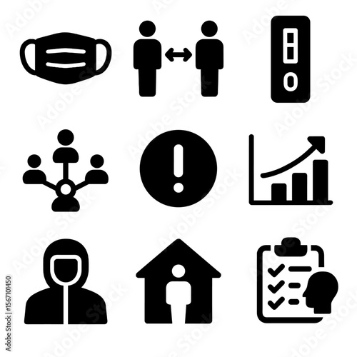 Pandemic Response Icons. Solid, filled icons set of pandemic response campaigns: face mask, distancing icon,