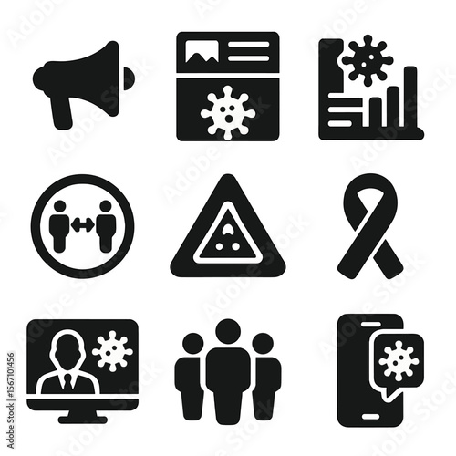 Pandemic Awareness Icons. Solid, filled icons set of pandemic awareness: loudspeaker, social media post,