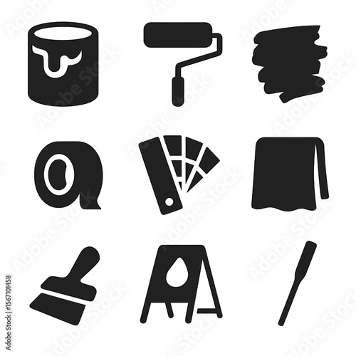 Painting Tools Icons. Solid, filled icons set of painting and finishing: paint can, roller icon, brush stroke,