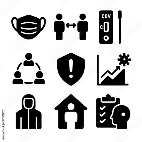 Pandemic Response Icons. Solid, filled icons set of pandemic response campaigns: face mask, distancing icon,