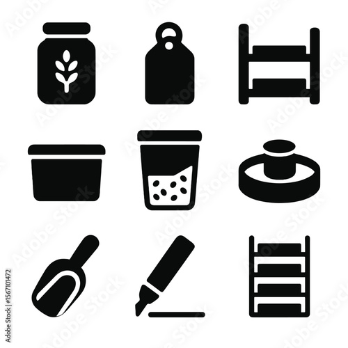 Pantry Organization Icons. Solid, filled icons set of pantry organization systems: dry goods jar, label tag,