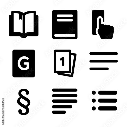 Textbook Organization Icons. Solid, filled icon set of textbook organization: chapter icon, table of contents, index finger tab,