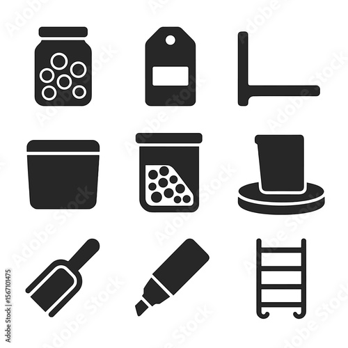 Pantry Organization Icons. Solid, filled icons set of pantry organization systems: dry goods jar, label tag,