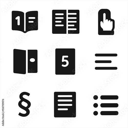Textbook Organization Icons. Solid, filled icon set of textbook organization: chapter icon, table of contents, index finger tab,
