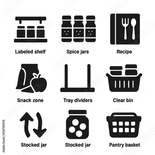 Pantry Icon Set. Solid, filled icons set of pantry and counter flow: labeled shelf, spice jar row, recipe