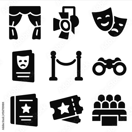 Theater Icon Set. Solid, filled icon set of classic theater: stage curtain, spotlight, theater mask, playbill, velvet rope, opera
