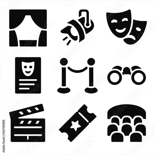 Theater Icon Set. Solid, filled icon set of classic theater: stage curtain, spotlight, theater mask, playbill, velvet rope, opera