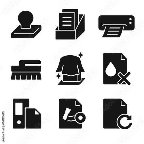 Paper Handling Icons. Solid, filled icons set of paper handling and maintenance: paperweight, document sorter,