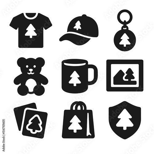 Park Souvenirs Icons. Solid, filled icons set of park souvenirs and merchandise: t-shirt, cap, keychain,