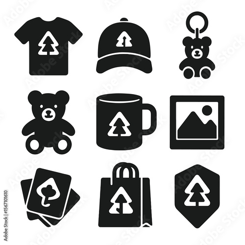 Park Souvenirs Icons. Solid, filled icons set of park souvenirs and merchandise: t-shirt, cap, keychain,