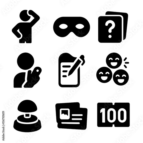 Parlor Games Icons. Solid, filled icons set of parlor games and amusements: charades icon, blindfold mask,