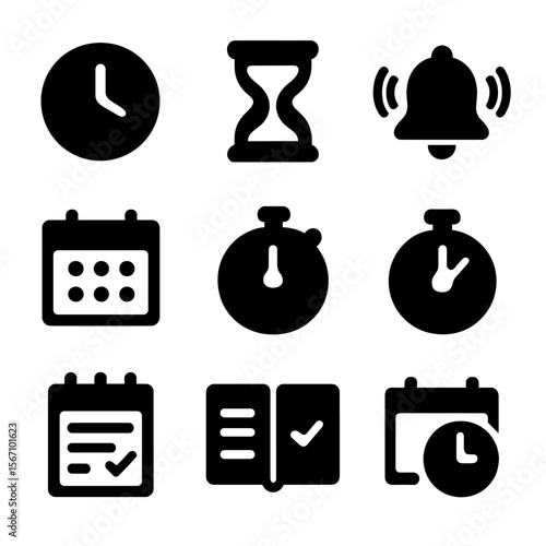 Time Management Icons. Solid, filled icon set of managing time: clock, hourglass, alarm bell, calendar, stopwatch, timer, schedule