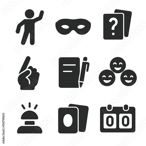 Parlor Games Icons. Solid, filled icons set of parlor games and amusements: charades icon, blindfold mask,