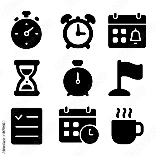 Time Management Icons. Solid, filled icon set of time management devices: stopwatch, alarm clock, calendar reminder, hourglass,