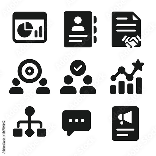 Partnership Tools Icons. Solid, filled icons set of partnership management tools: dashboard icon, contact list