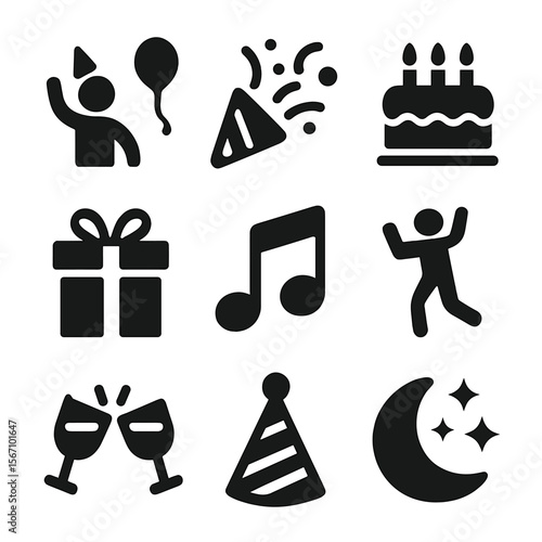 Party Celebration Icons. Solid, filled icons set of celebration and parties: party icon, confetti icon, cake
