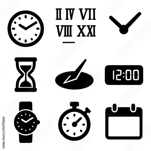 Timekeeping Icons Grid. Solid, filled icon set of timekeeping elements: analog clock, Roman numerals, clock hands, hourglass,