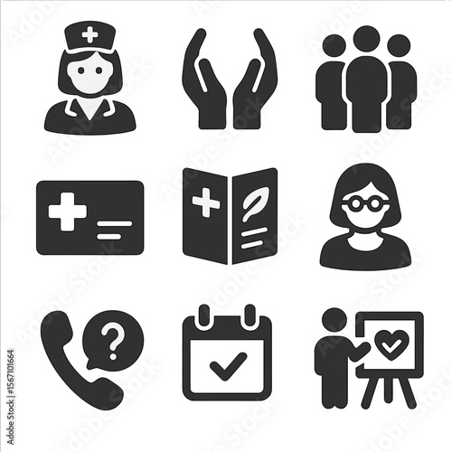 Patient Support Icons. Solid, filled icons set of patient support resources: nurse icon, caregiver hands,