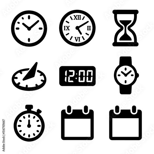 Timekeeping Icons Grid. Solid, filled icon set of timekeeping elements: analog clock, Roman numerals, clock hands, hourglass,