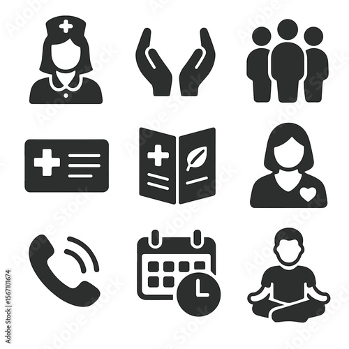 Patient Support Icons. Solid, filled icons set of patient support resources: nurse icon, caregiver hands,
