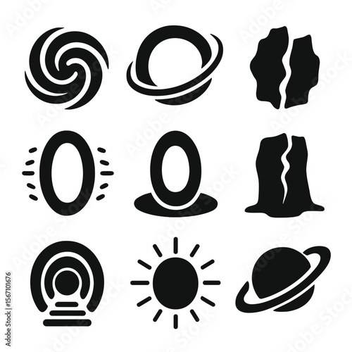 Time-Space Portal Icons. Solid, filled icon set of time-space portals: vortex gate, spinning ring, time rift, space fold icon,