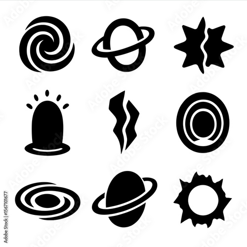 Time-Space Portal Icons. Solid, filled icon set of time-space portals: vortex gate, spinning ring, time rift, space fold icon,