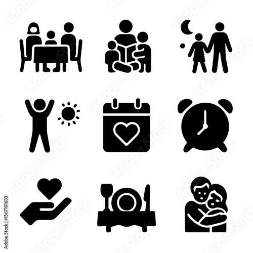 Peaceful Family Icons. Solid, filled icons set of peaceful family routines: shared meal, storytime icon,