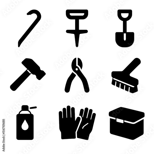 Tool Icon Set. Solid, filled icon set of stake removal and maintenance tools: crowbar, stake puller, shovel, hammer, wire cutter,