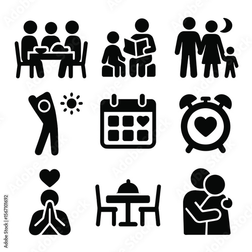 Peaceful Family Icons. Solid, filled icons set of peaceful family routines: shared meal, storytime icon,