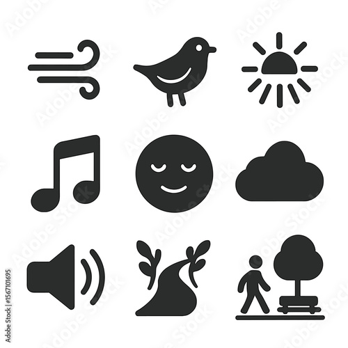 Peaceful Icon Grid. Solid, filled icons set of peaceful walking atmosphere: gentle breeze, chirping bird, sun