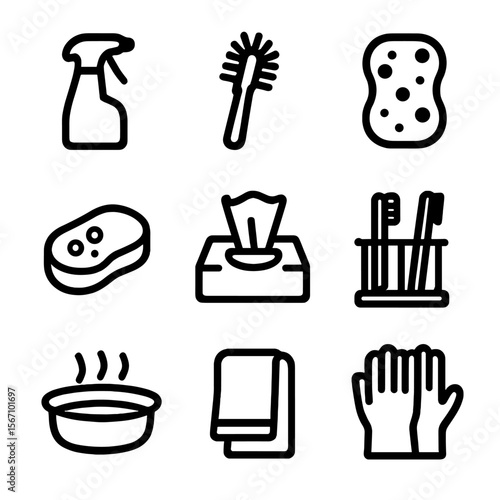 Toothbrush Holder Icons. Solid, filled icon set of cleaning and maintenance of toothbrush holders: spray bottle, cleaning brush,
