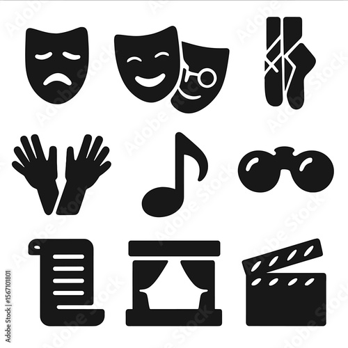 Performing Arts Icons. Solid, filled icons set of performing arts symbols: tragedy mask, comedy mask, ballet