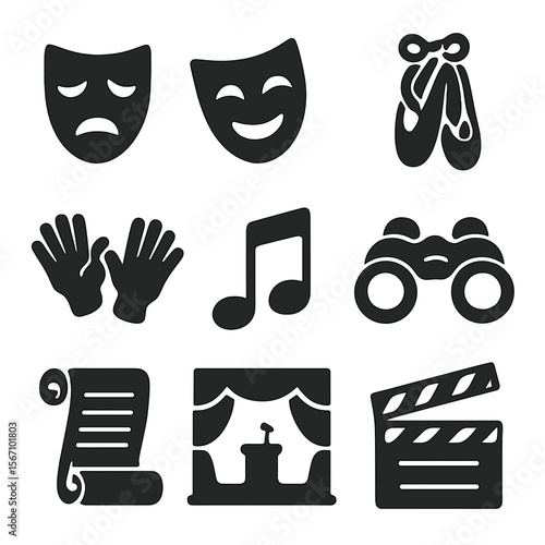 Performing Arts Icons. Solid, filled icons set of performing arts symbols: tragedy mask, comedy mask, ballet