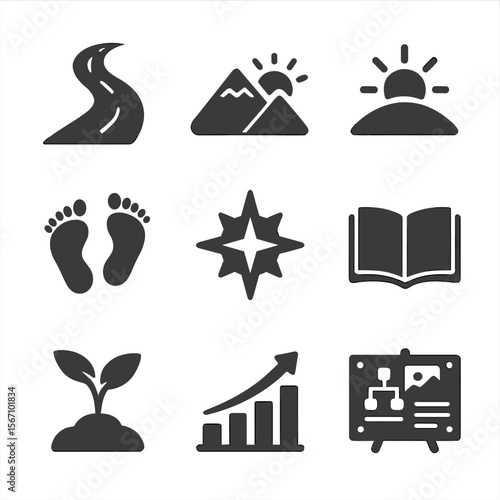 Personal Growth Icons. Solid, filled icons set of personal growth journey: winding road, mountain view,