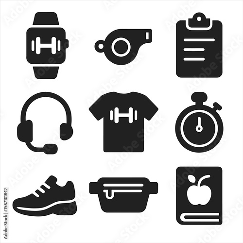 Personal Trainer Gear Icons. Solid, filled icons set of personal trainer gear: fitness watch, whistle,