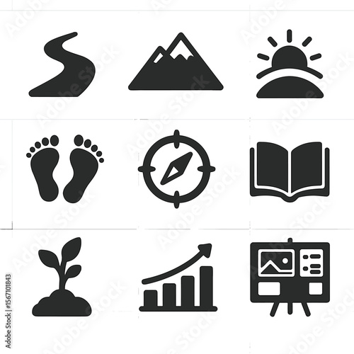 Personal Growth Icons. Solid, filled icons set of personal growth journey: winding road, mountain view,