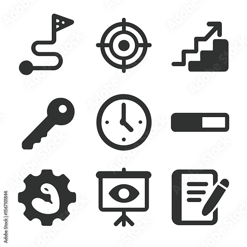 Personal Development Icons. Solid, filled icons set of personal development concepts: goal path, target icon,