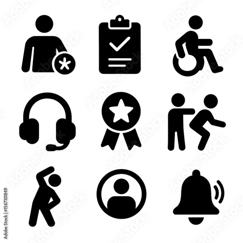 Personal Training Icons. Solid, filled icons set of personal training for adaptive needs: coach figure,