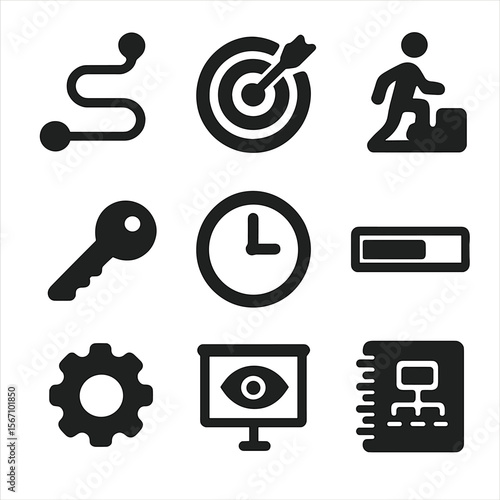 Personal Development Icons. Solid, filled icons set of personal development concepts: goal path, target icon,