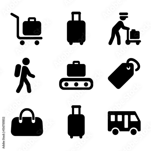 Travel Icon Set. Solid, filled icon set of travel and baggage assistance: luggage trolley, suitcase with handle, airport porter,