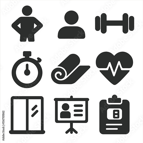 Personal Training Icons. Solid, filled icons set of personal training sessions: trainer figure, client