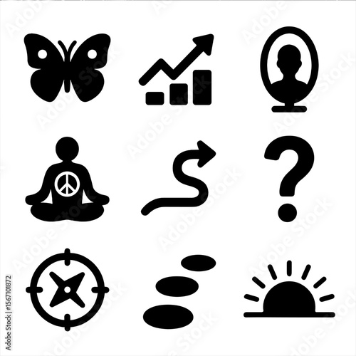Personal Transformation Icons. Solid, filled icons set of personal transformation journey: butterfly, growth