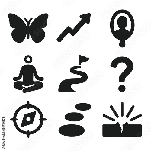 Personal Transformation Icons. Solid, filled icons set of personal transformation journey: butterfly, growth