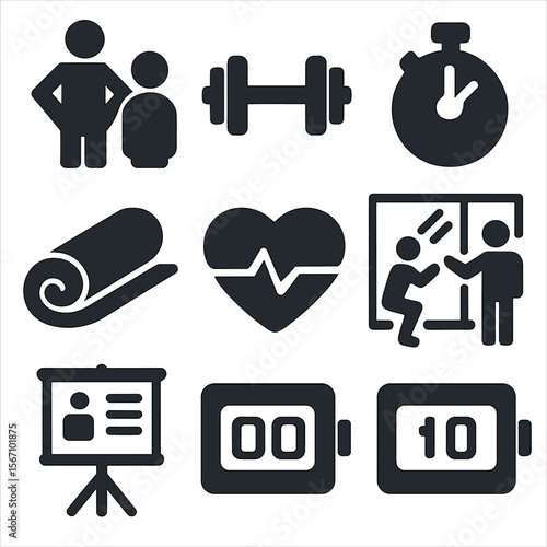 Personal Training Icons. Solid, filled icons set of personal training sessions: trainer figure, client