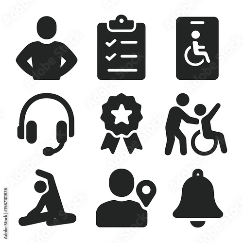 Personal Training Icons. Solid, filled icons set of personal training for adaptive needs: coach figure,