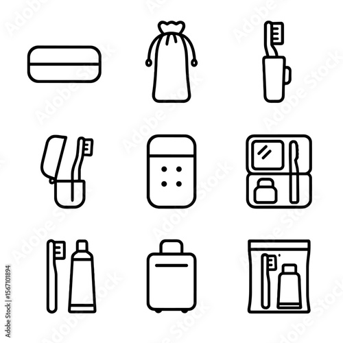 Travel Toothbrush Holders Icons. Solid, filled icon set of travel toothbrush holders: hard case, soft pouch, clip holder, foldable