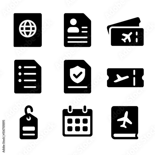 Travel Planning Icons. Solid, filled icon set of travel documents and planning: passport, visa, ticket, itinerary, travel